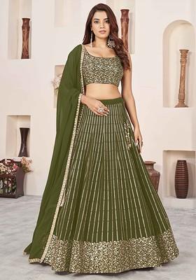 Green Embellished Blended Lehenga Choli