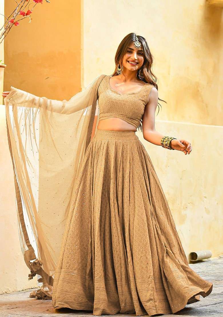Beige Emboridered Blended Lehenga Choli - Indya