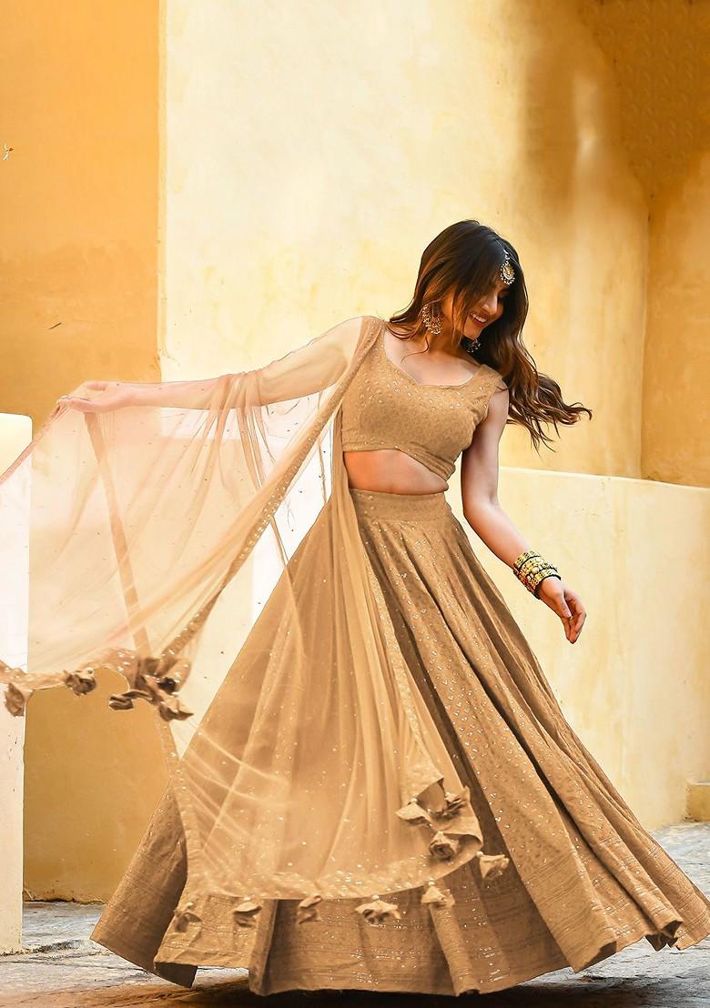Beige Emboridered Blended Lehenga Choli - Indya