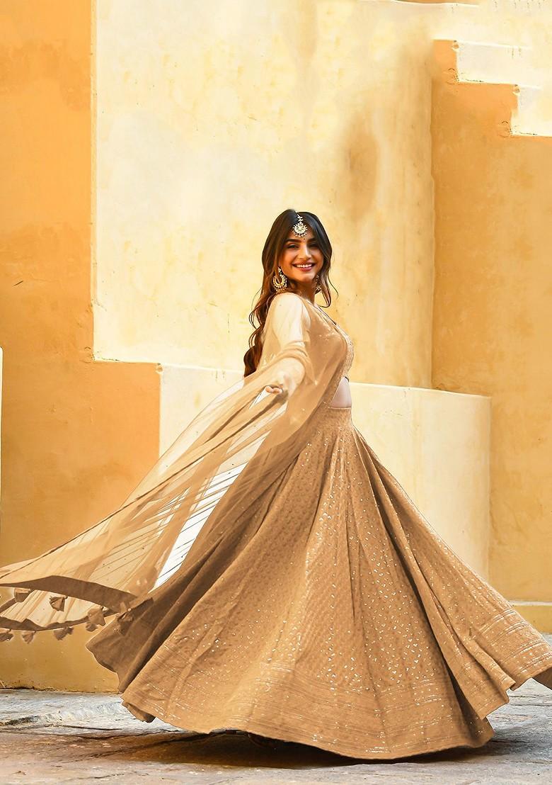 Beige Emboridered Blended Lehenga Choli - Indya