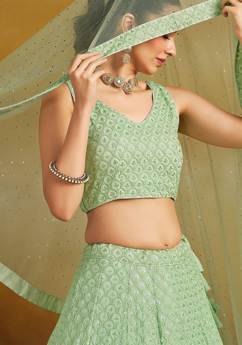 Sea Green Emboridered Blended Lehenga Choli - Indya