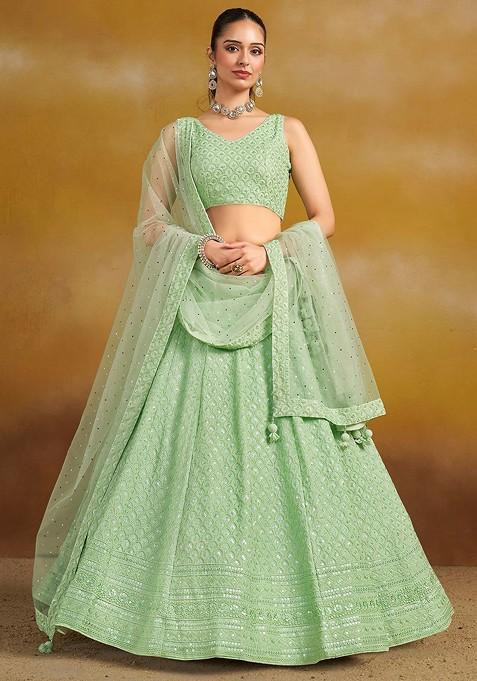Sea Green Emboridered Blended Lehenga Choli — view on Indya