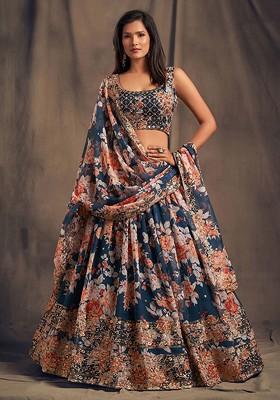 Blue Printed Blended Lehenga Choli