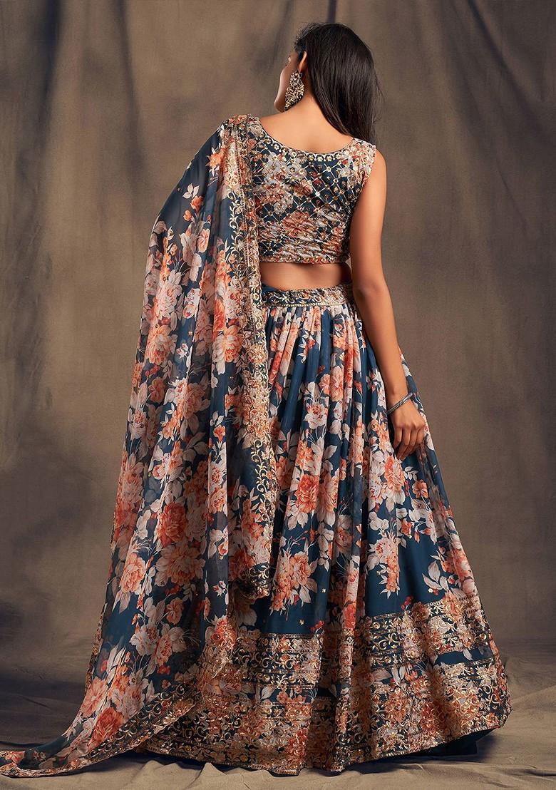 Blue Printed Blended Lehenga Choli - Indya