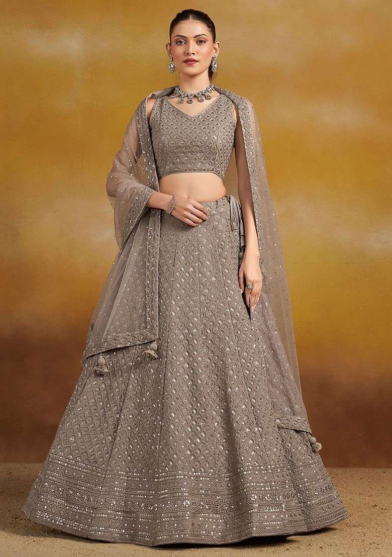 Grey Emboridered Blended Lehenga Choli - Indya