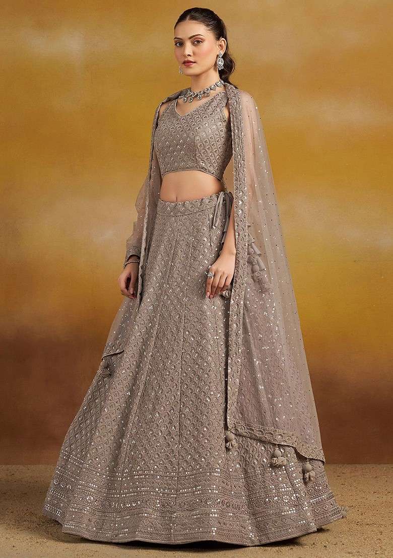 Grey Emboridered Blended Lehenga Choli - Indya