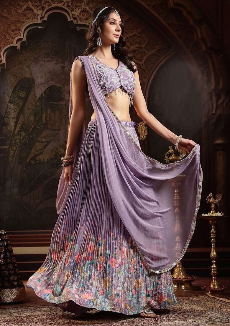 Purple Emboridered Blended Lehenga Choli for Diwali and Festive Wear - Indya