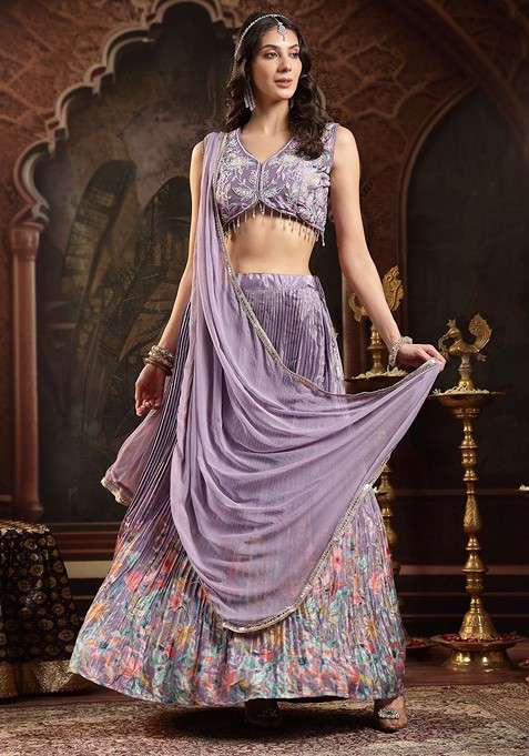 Purple Emboridered Blended Lehenga Choli for Diwali and Festive Wear