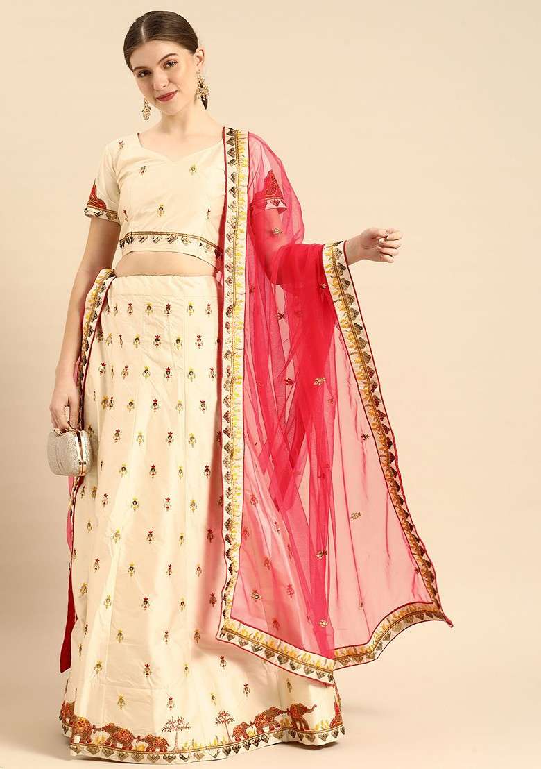 Cream Emboridered Blended Lehenga Choli - Indya