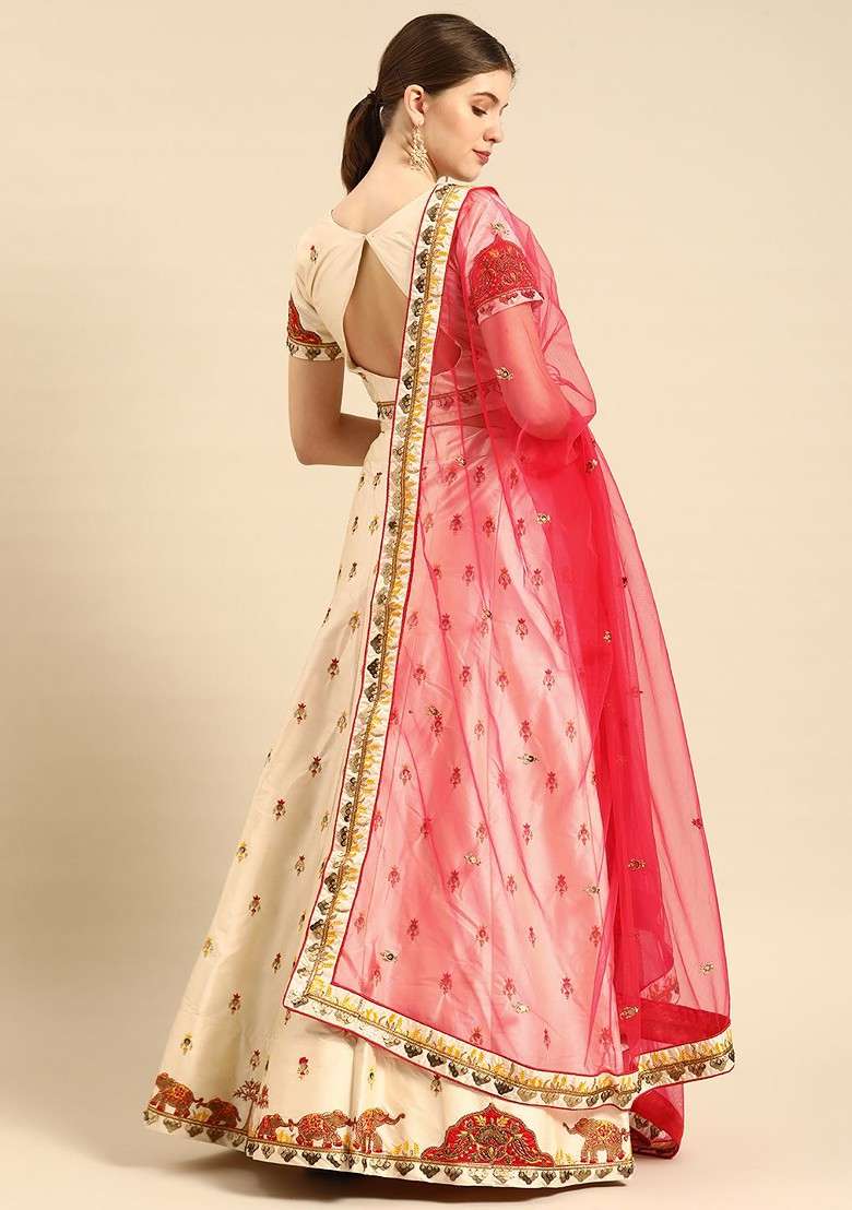 Cream Emboridered Blended Lehenga Choli - Indya