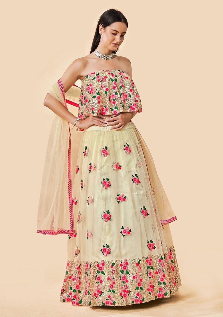 Off White Emboridered Blended Lehenga Choli - Indya