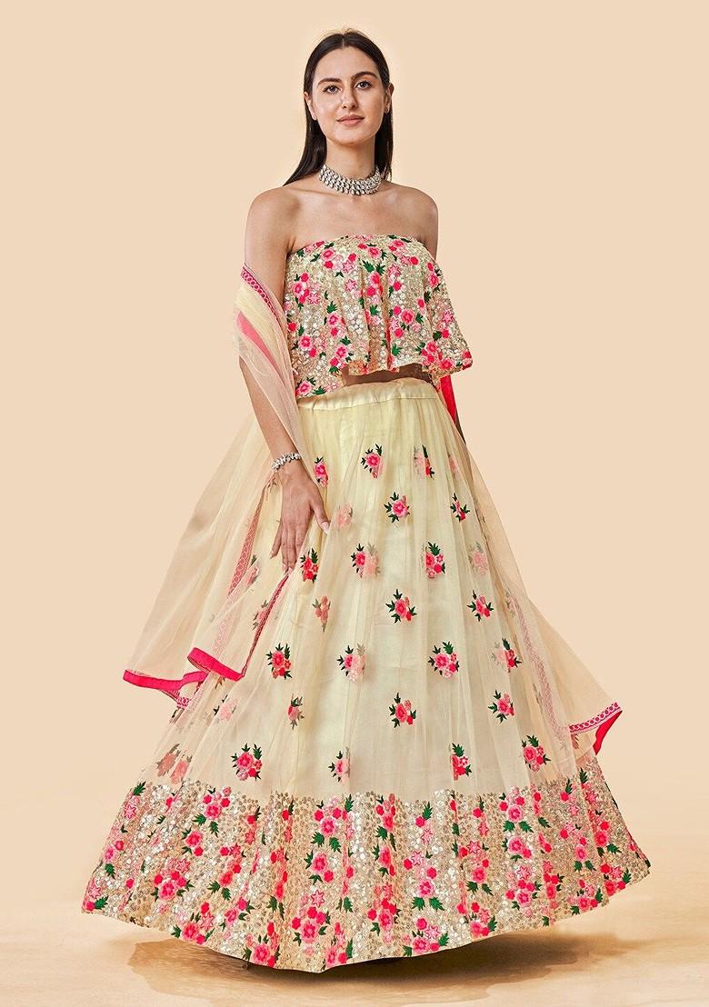 Off White Emboridered Blended Lehenga Choli - Indya
