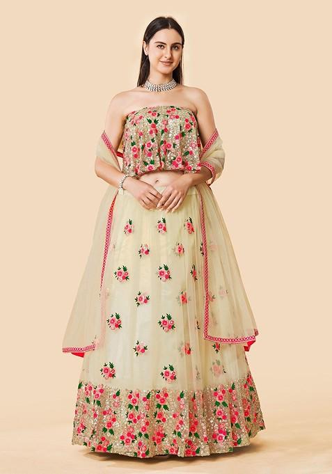 Off White Emboridered Blended Lehenga Choli — view on Indya