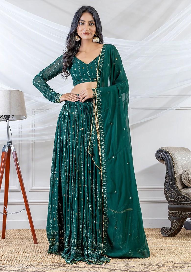 Green Emboridered Blended Lehenga Choli - Indya