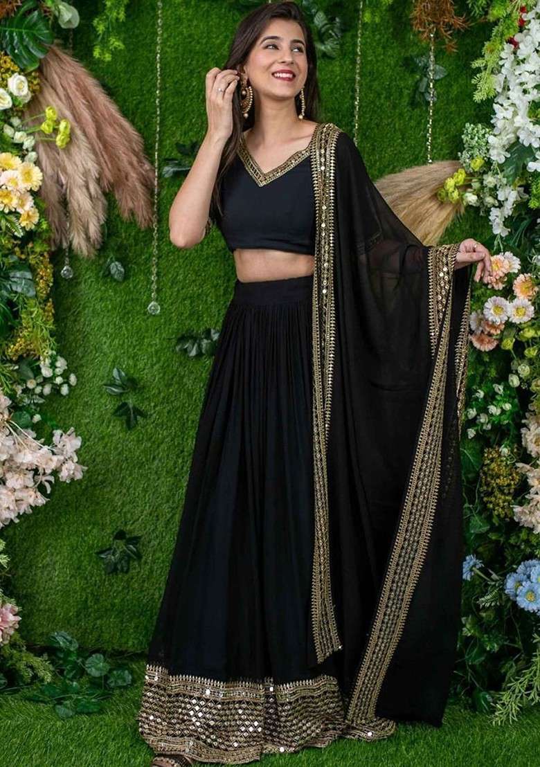 Black Emboridered Blended Lehenga Choli - Indya