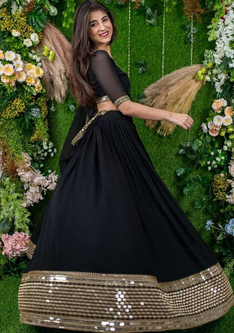 Black Emboridered Blended Lehenga Choli - Indya
