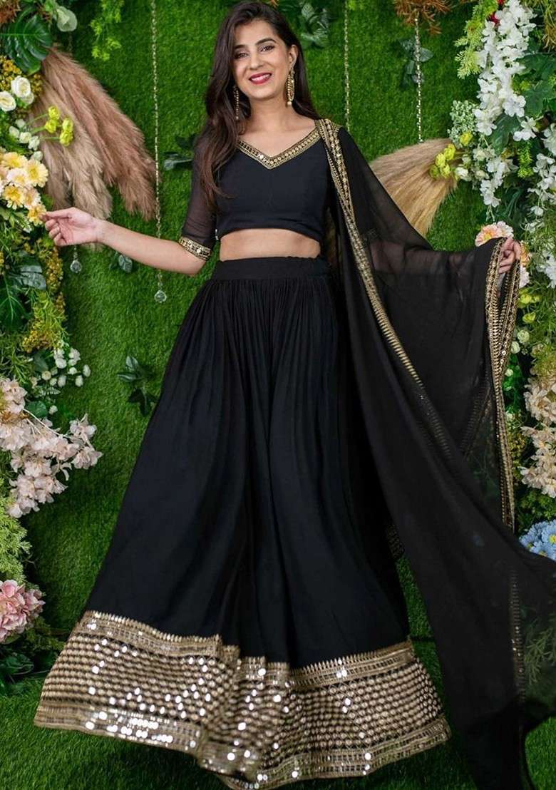 Black Emboridered Blended Lehenga Choli - Indya