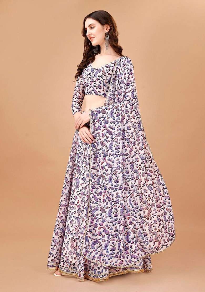 Blue Printed Blended Lehenga Choli - Indya