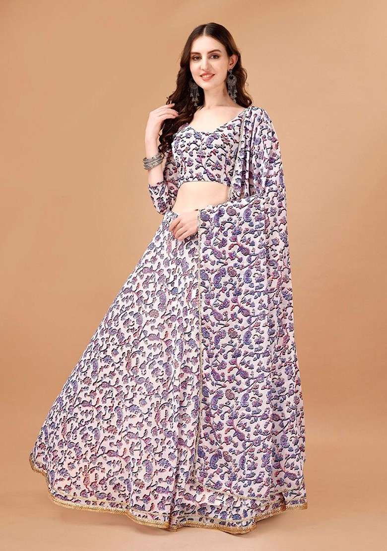Blue Printed Blended Lehenga Choli - Indya