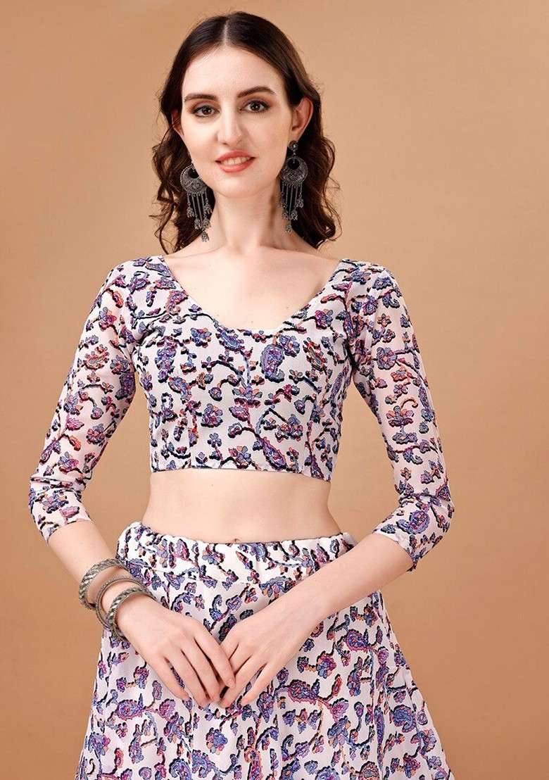 Blue Printed Blended Lehenga Choli - Indya