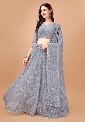 Grey Printed Blended Lehenga Choli