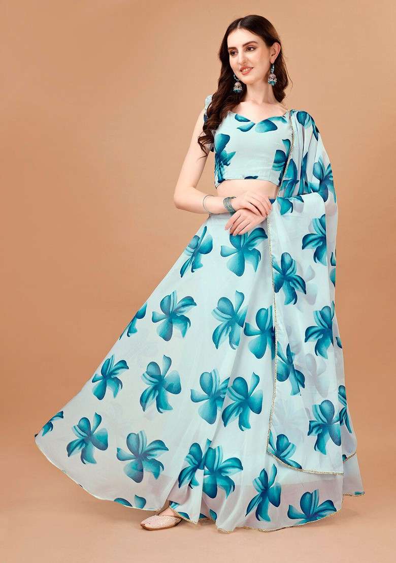 Blue Printed Blended Lehenga Choli - Indya