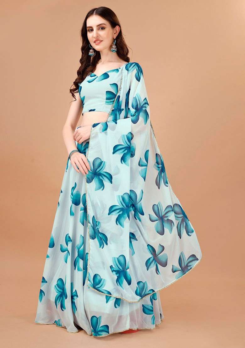 Blue Printed Blended Lehenga Choli - Indya