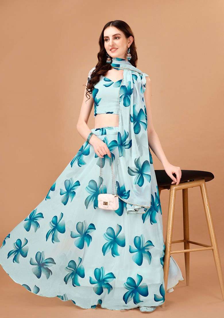 Blue Printed Blended Lehenga Choli - Indya