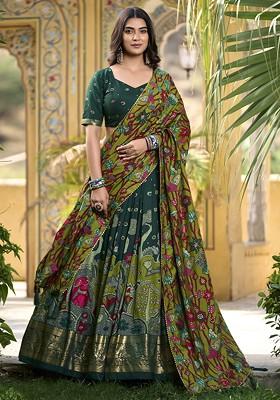 Green Printed Blended Lehenga Choli