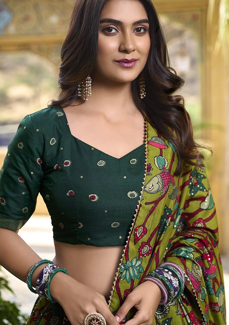 Green Printed Blended Lehenga Choli - Indya
