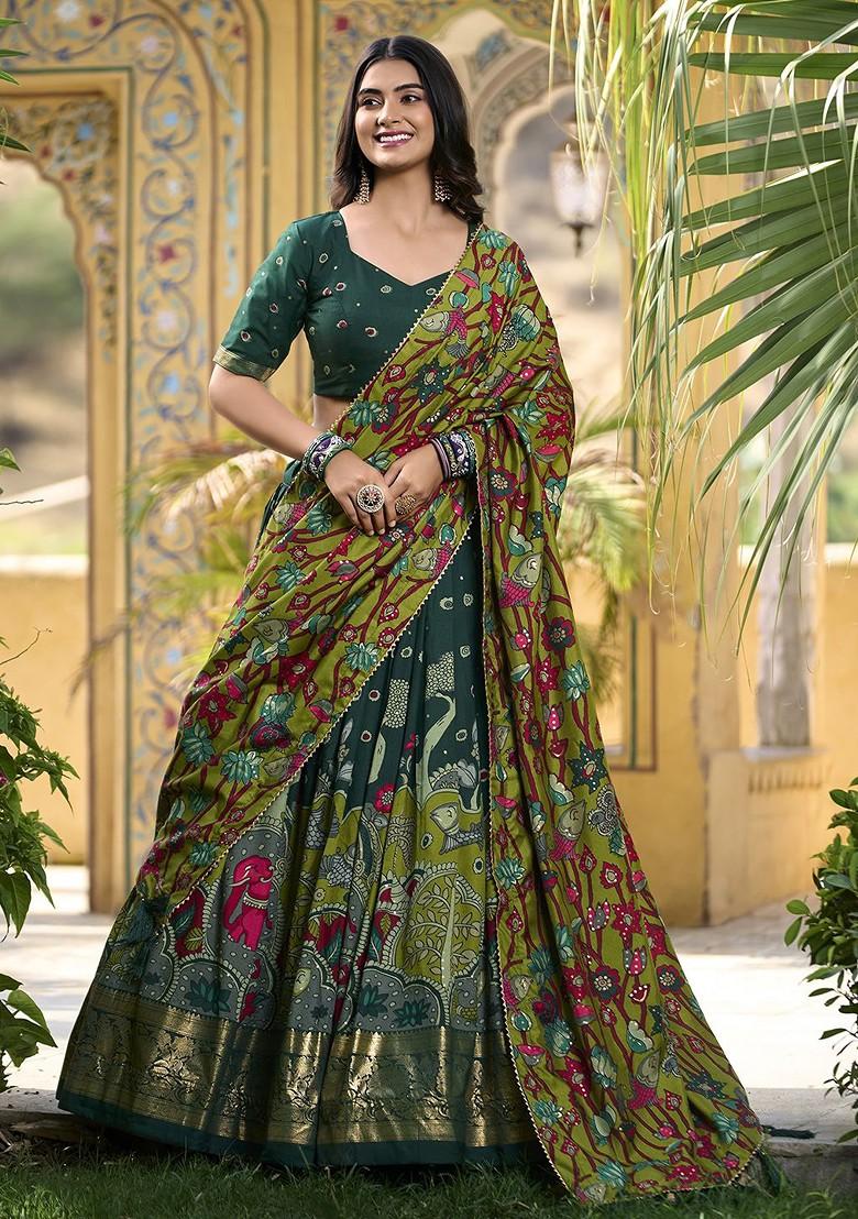 Green Printed Blended Lehenga Choli - Indya