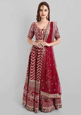 Red Emboridered Blended Lehenga Choli