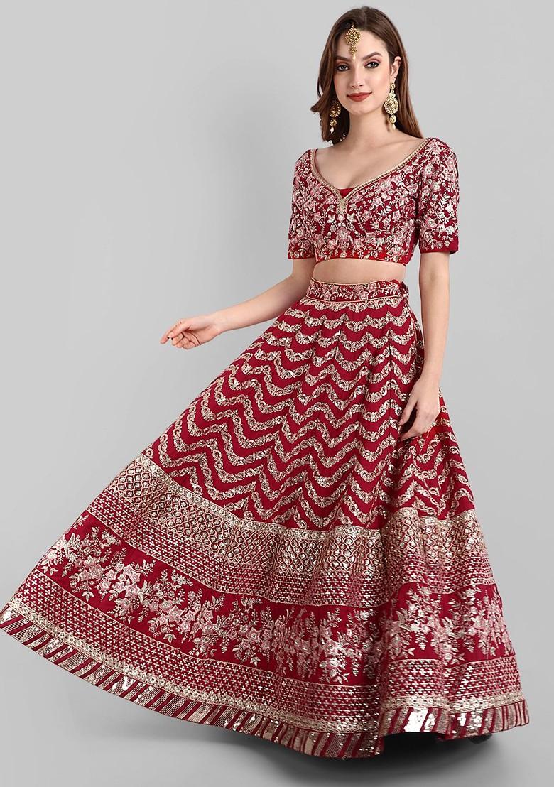 Red Emboridered Blended Lehenga Choli - Indya