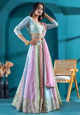 Blue Emboridered Blended Lehenga Choli
