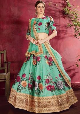 Green Printed Blended Lehenga Choli
