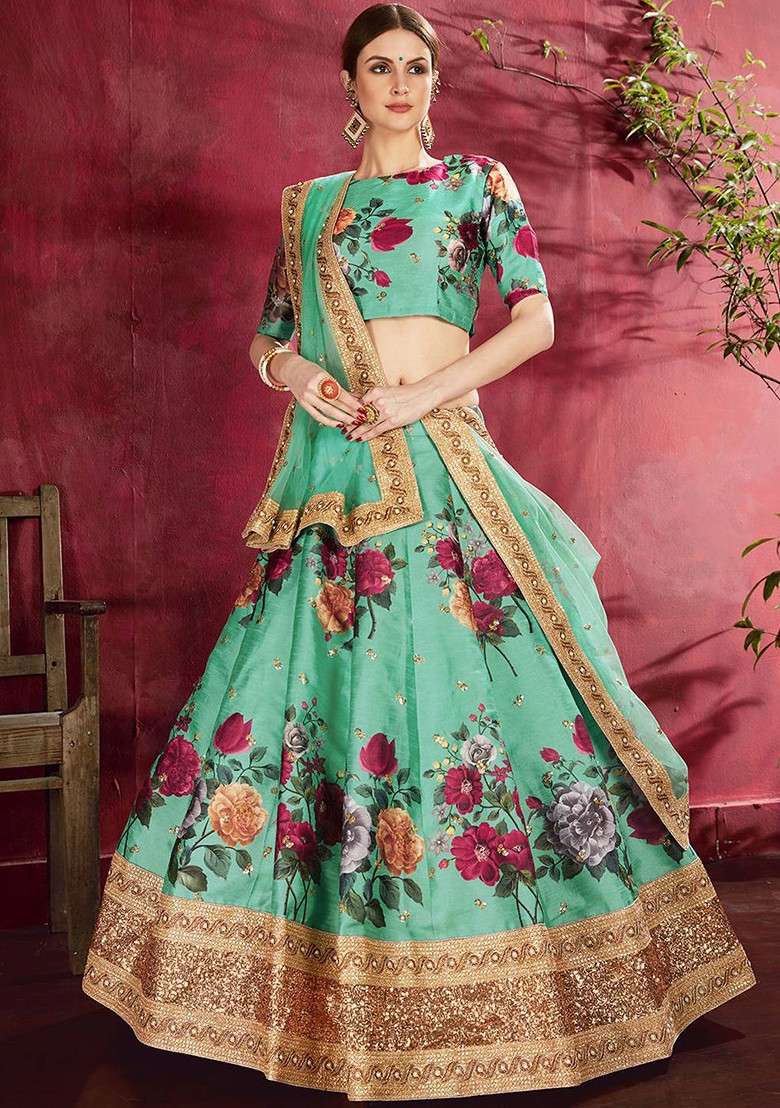 Green Printed Blended Lehenga Choli - Indya