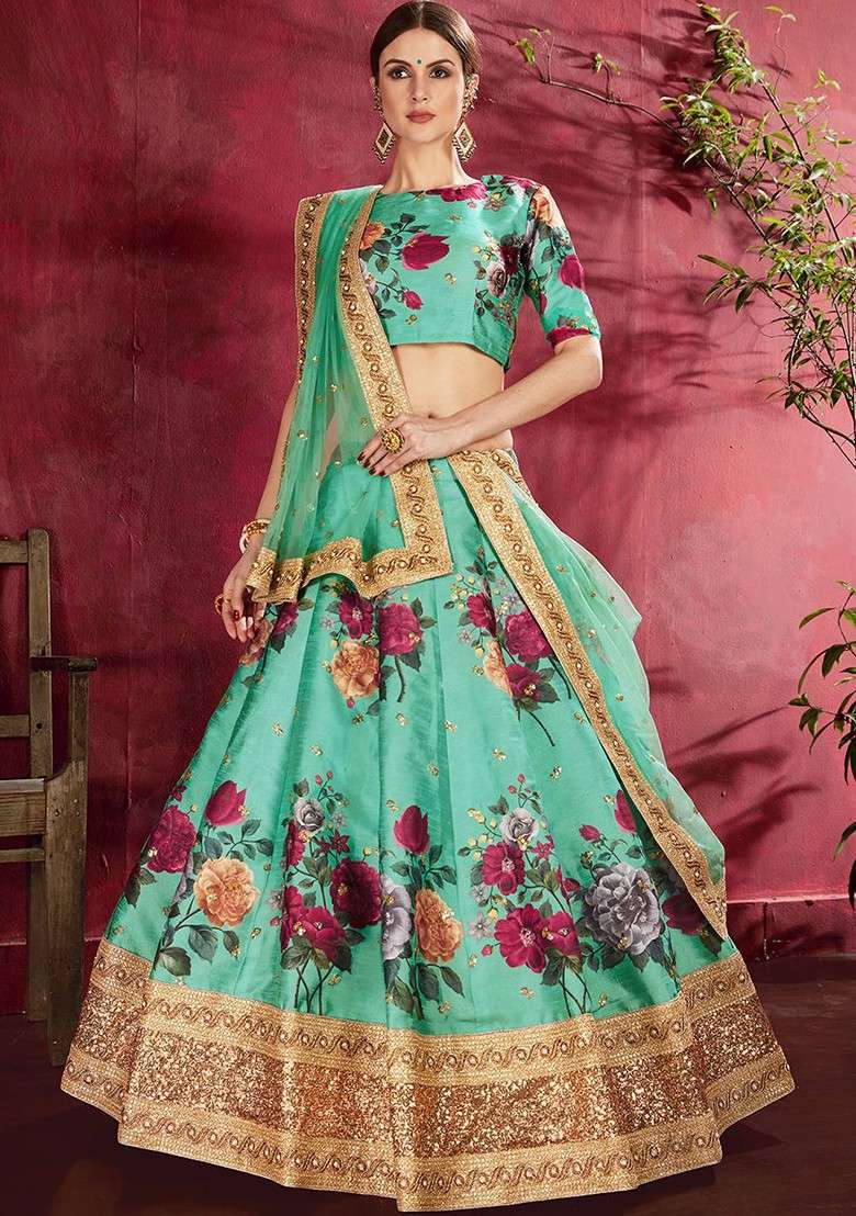 Green Printed Blended Lehenga Choli - Indya