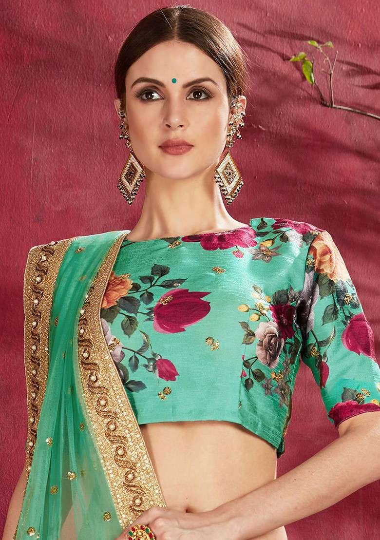Green Printed Blended Lehenga Choli - Indya