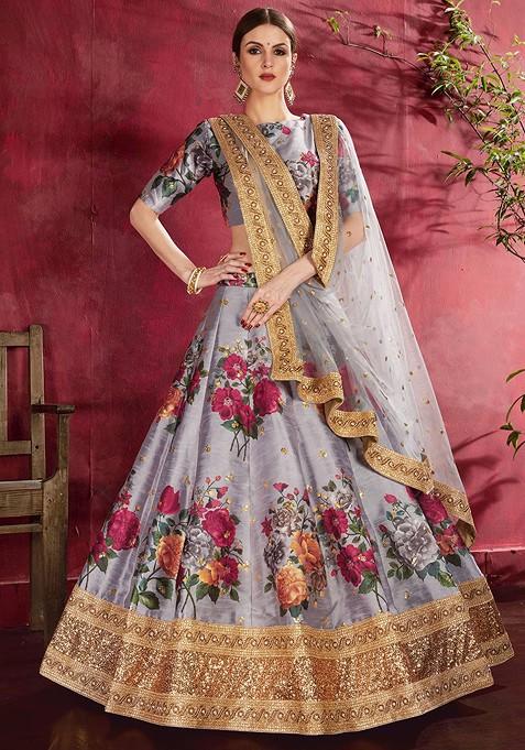 Grey Printed Blended Lehenga Choli — view on Indya