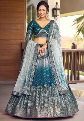 Blue Embellished Blended Lehenga Choli