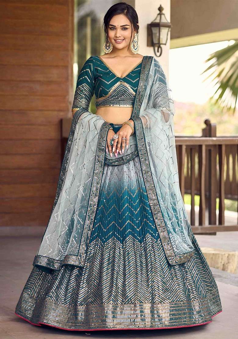 Blue Embellished Blended Lehenga Choli - Indya