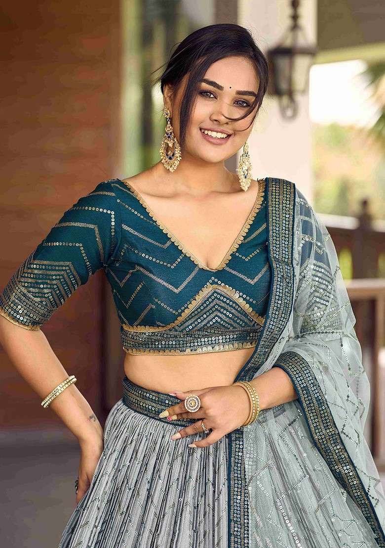 Blue Embellished Blended Lehenga Choli - Indya