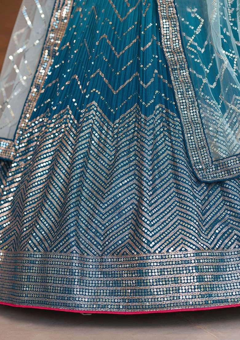 Blue Embellished Blended Lehenga Choli - Indya