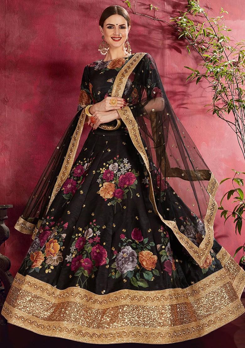 Black Printed Blended Lehenga Choli - Indya