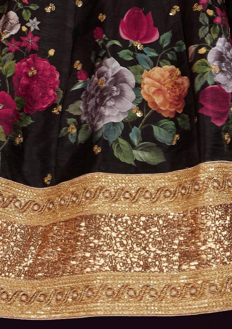 Black Printed Blended Lehenga Choli - Indya