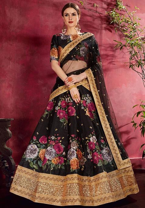 Black Printed Blended Lehenga Choli — view on Indya