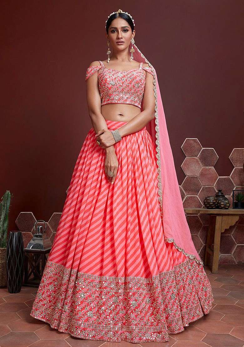 Peach Embellished Blended Lehenga Choli - Indya