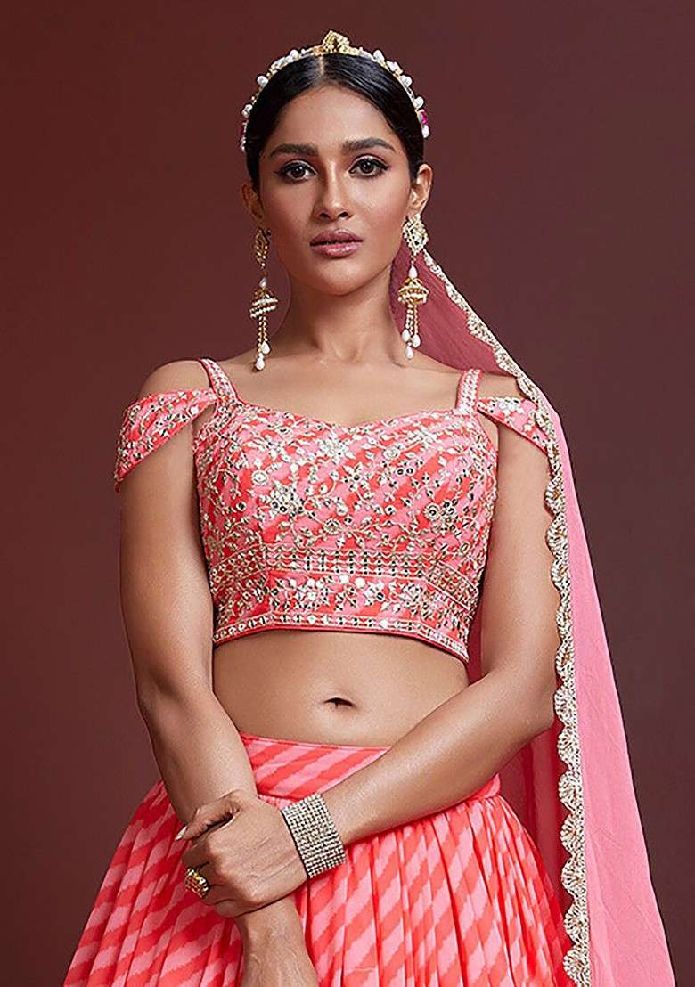 Peach Embellished Blended Lehenga Choli - Indya