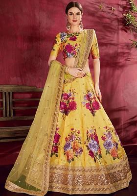 Yellow Printed Blended Lehenga Choli