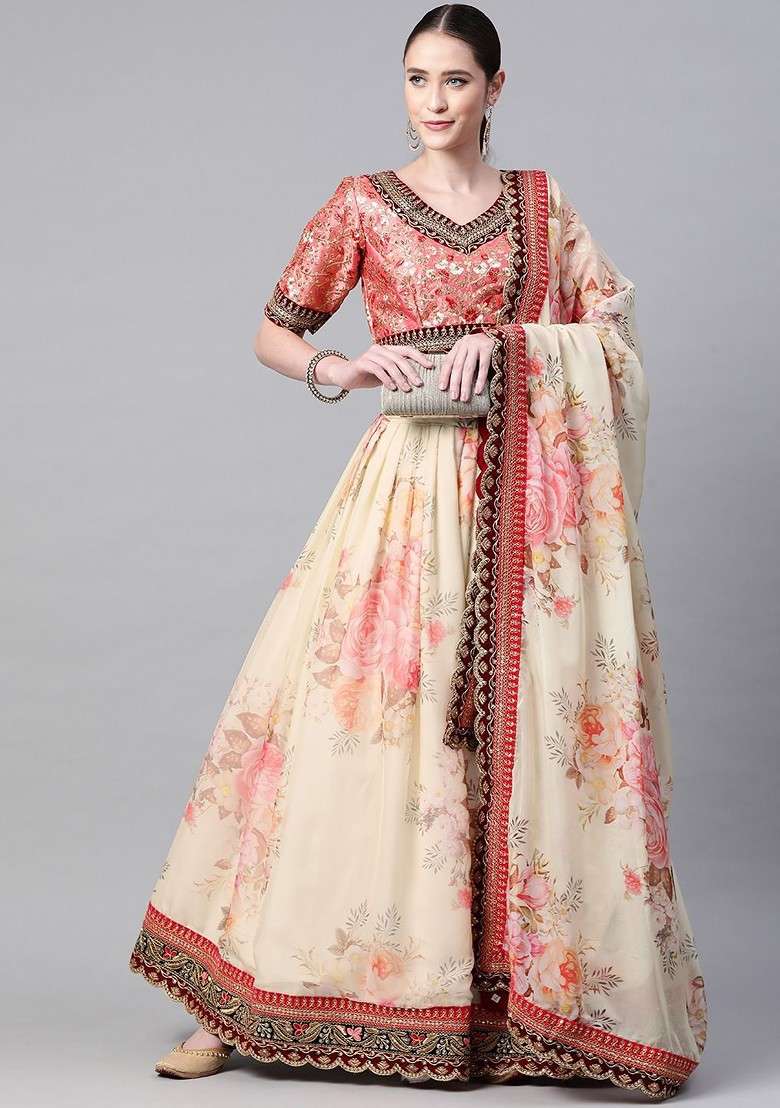 Cream Emboridered Blended Lehenga Choli - Indya